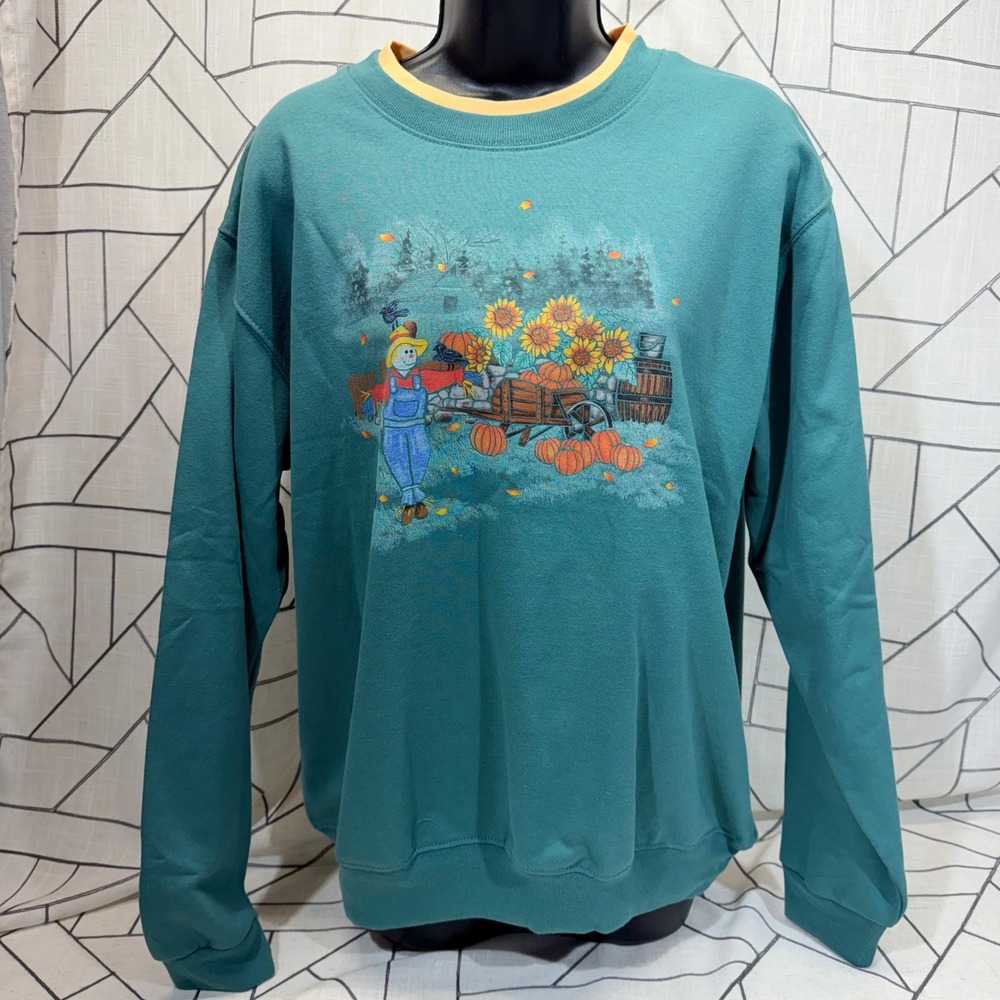 Country Store Sweatshirt Large Teal Green Autumn Scarecrow Pumpkin Sunflower
